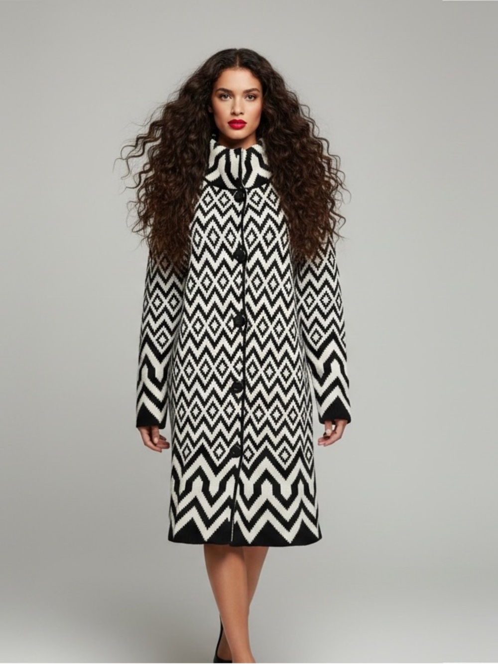 Cocogio Italian Wool Alpaca Blend Chevron Coatigan Black White M